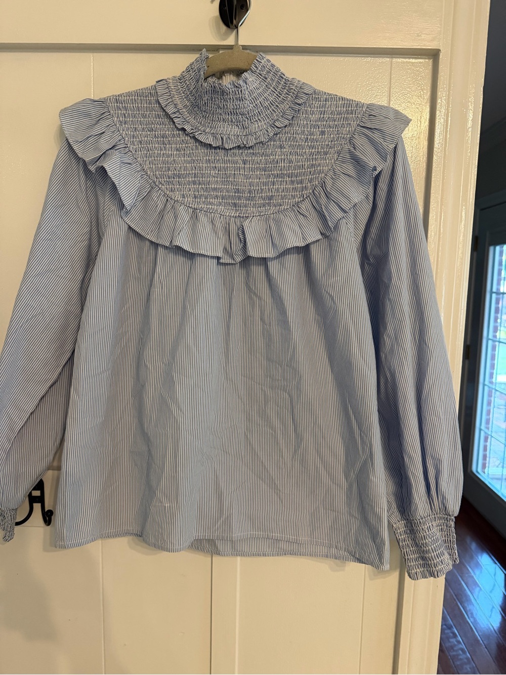 Sail to Sable Light Blue & White Pinstripe Smocked Ruffle High-Neck Blouse